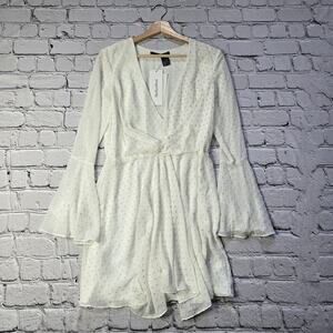 Jay Godfrey Dottie Dress White Gold Swiss Dot Bell Cuff Plunge Neck New Size 6